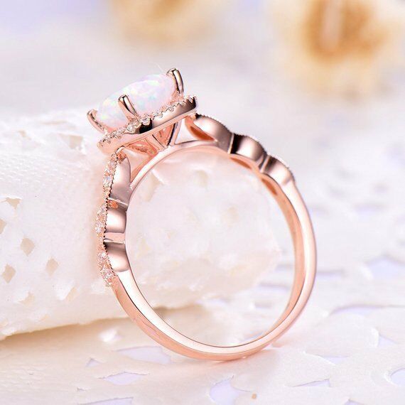 1CT Round Cut Opal & Diamond 14k Rose Gold Over Solitaire Engagement Womens Ring - atjewels.in