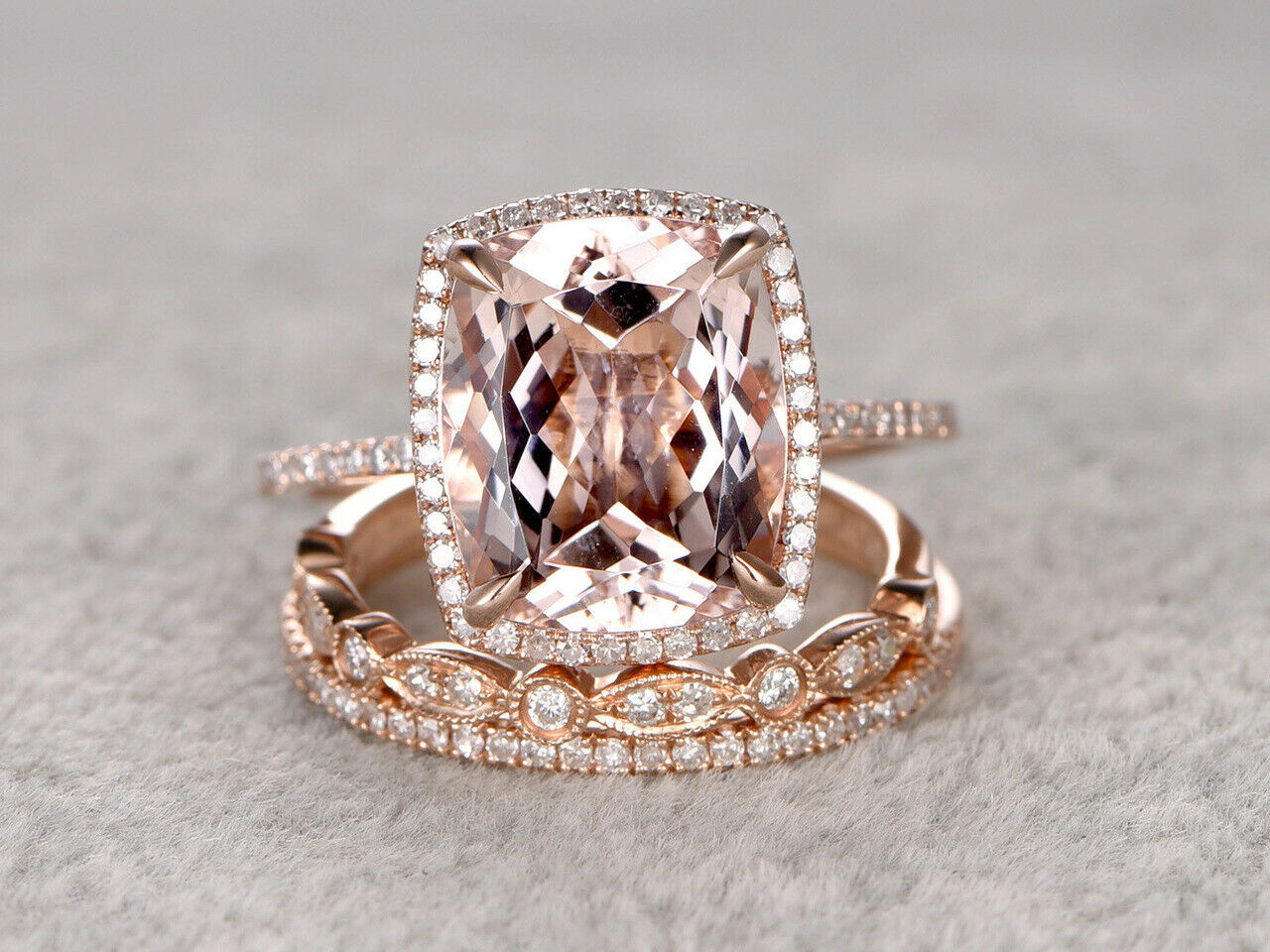 2 Ct Cushion Cut Morganite 14k Rose Gold Over Halo Wedding Bridal Ring Set - atjewels.in