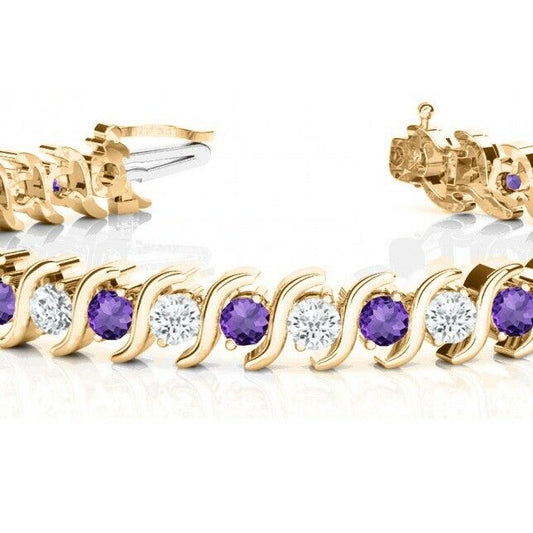 10CT Round Cut Amethyst & Diamond 14K Yellow Gold Over 7'' Tennis Link Bracelet - atjewels.in
