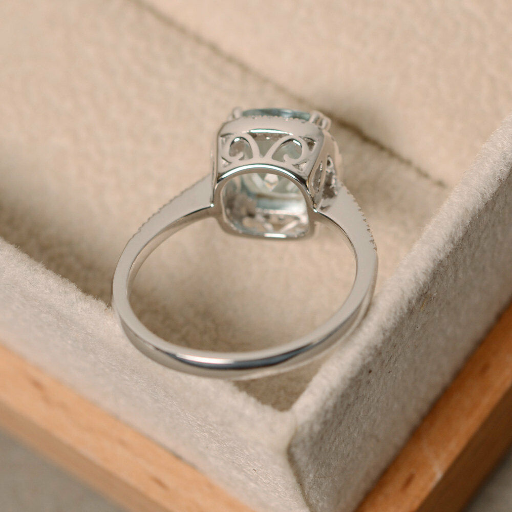 14k Solid White Gold Over Cushion Cut Aquamairne & Diamond Halo Engagement Ring - atjewels.in