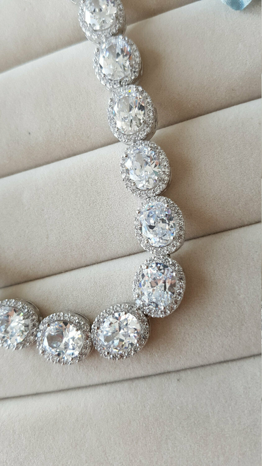 14k White Gold Over Oval Cut Diamond Halo Tennis 16" Necklace Wedding JewelrySet - atjewels.in