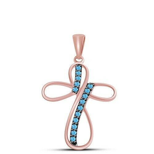1/2 Ct Round Cut 14k Two Tone Rose Gold Over Aquamarine Religious Cross Pendant - atjewels.in