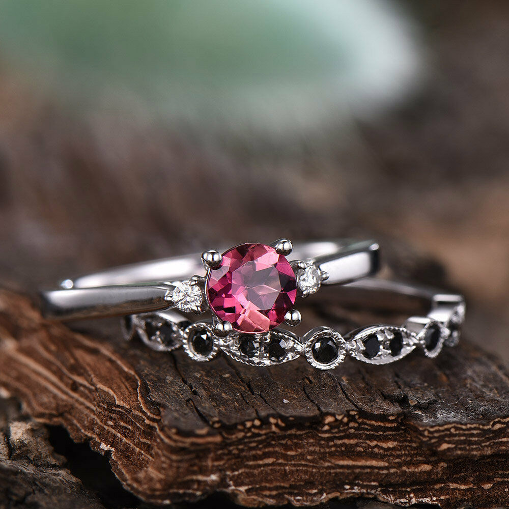 1/2 CT Round Cut Pink Tourmaline 14k White Gold Over Wedding Diamond Ring Set - atjewels.in