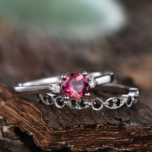 1/2 CT Round Cut Pink Tourmaline 14k White Gold Over Wedding Diamond Ring Set - atjewels.in