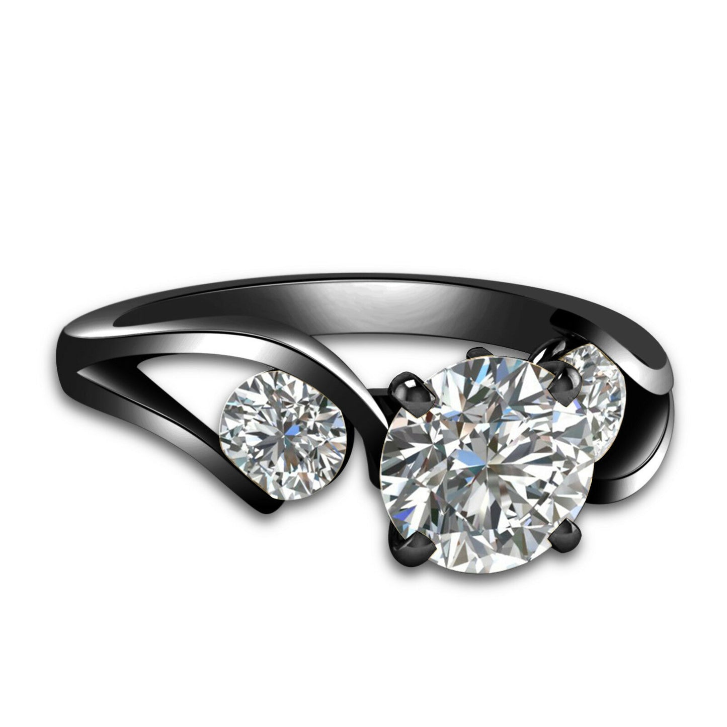 925 Sterling Full Black Round Cut Cubiz Zirconia Three Stone Ring For Women's - atjewels.in