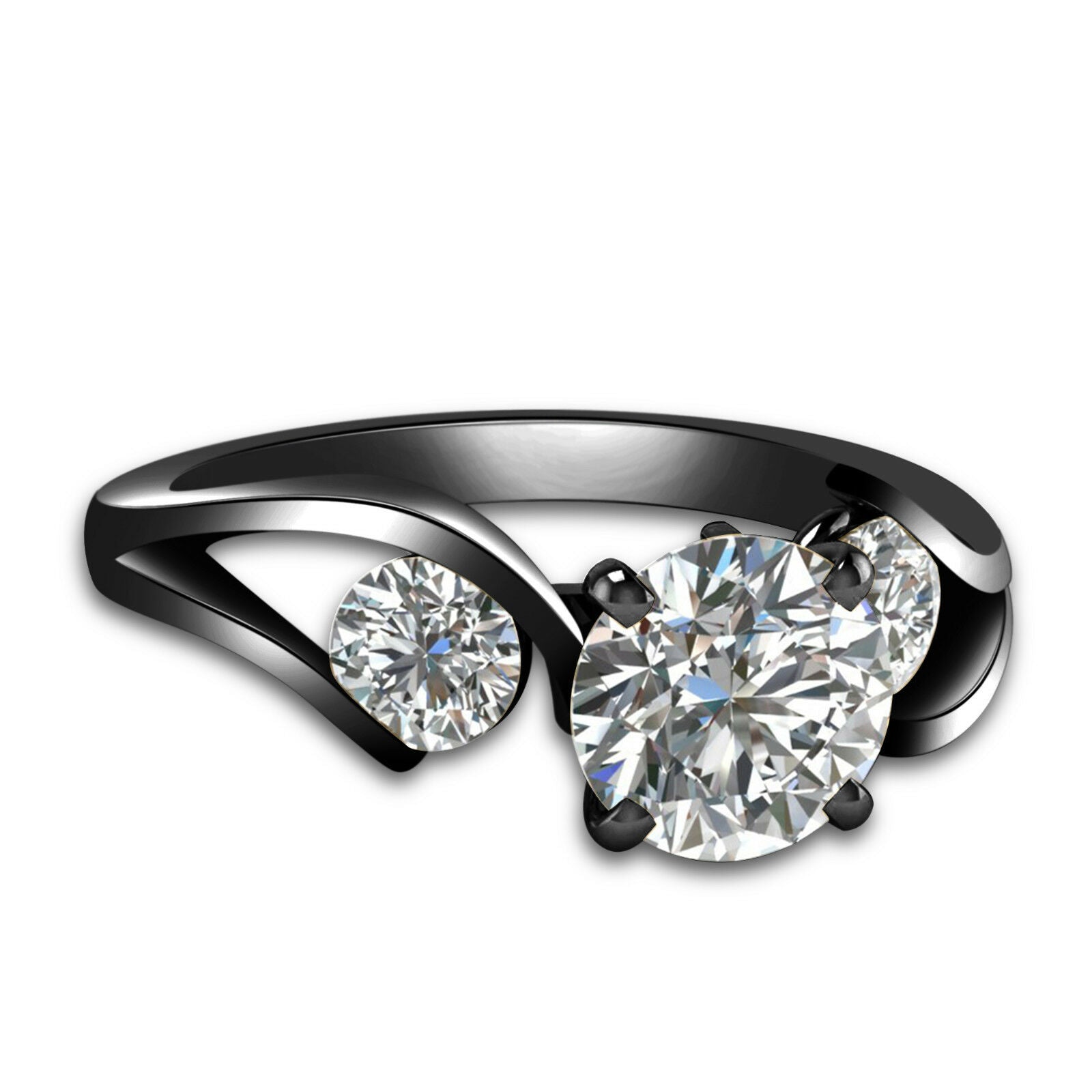 925 Sterling Full Black Round Cut Cubiz Zirconia Three Stone Ring For Women's - atjewels.in