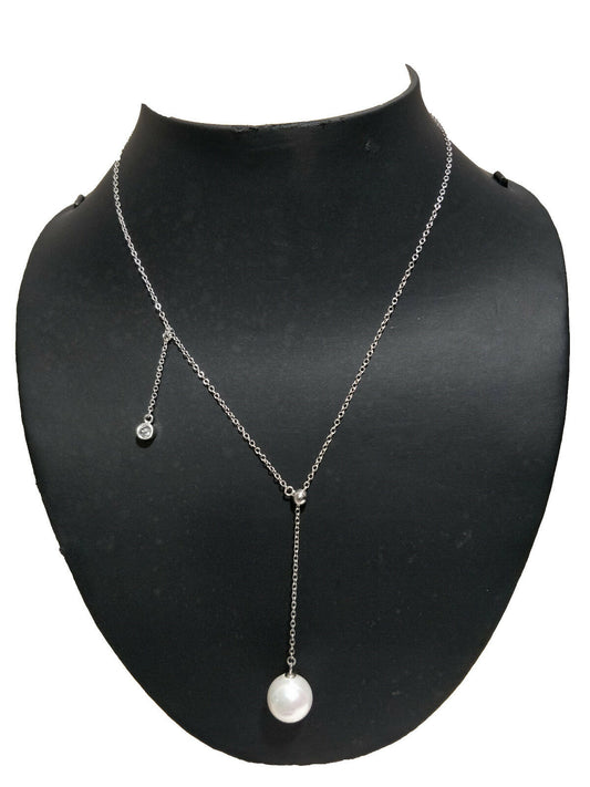 14k White Gold Over Round Cut Pearl & Diamond Tassel Drop Pendant 16" Necklace - atjewels.in