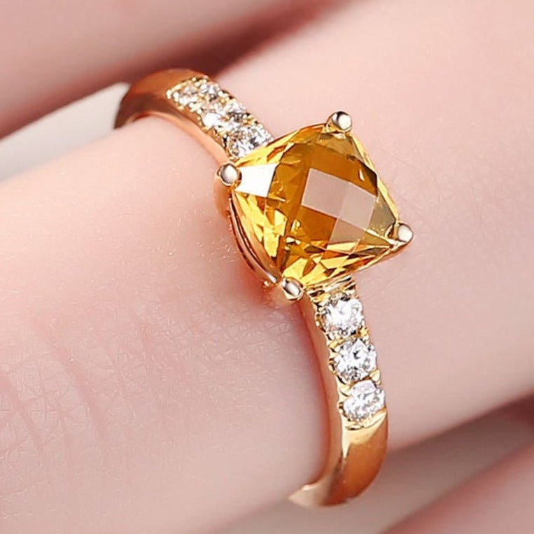1 CT 925 Sterling Silver Yellow Citrine Cushion Cut Diamond Anniversary Ring