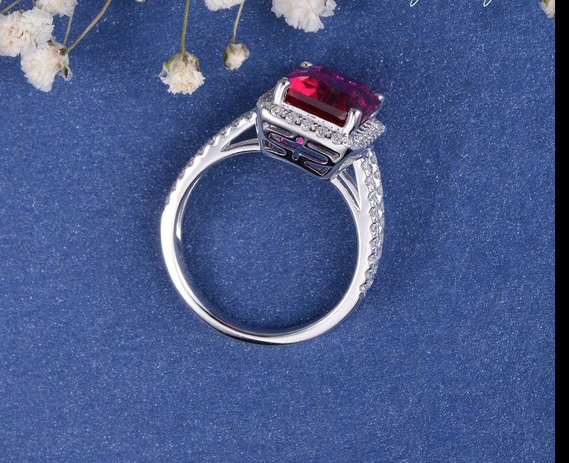 2.50 Ct Emerald Cut Red Ruby Split Shank Halo Engagement Ring In 925 Sterling Silver