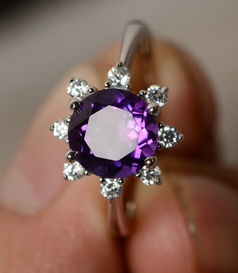 2 CT Round Cut Amethyst Diamond 925 Sterling Silver Women Promise Ring