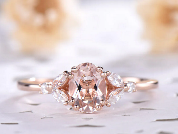1 CT Oval Cut Pink Morganite Marquise CZ Diamond Rose Gold Over On 925 Sterling Silver Solitaire W/Accents Ring