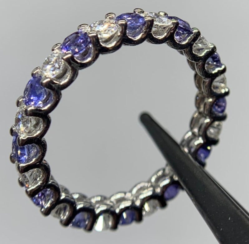 1 CT 925 Sterling Silver Blue Sapphire Round Cut Diamond Anniversary Band Ring