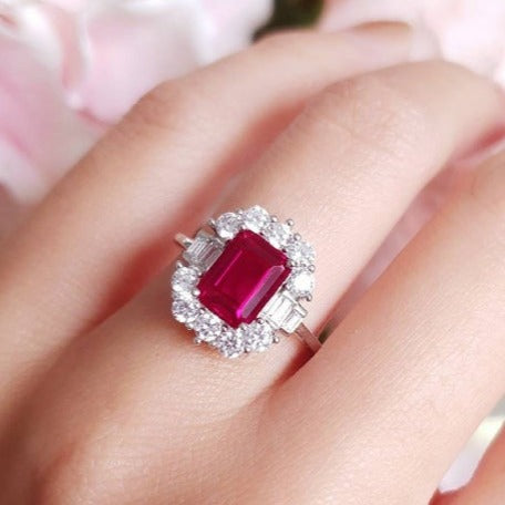 1 CT 925 Sterling Silver Ruby Emerald Cut Diamond Halo Engagement Ring