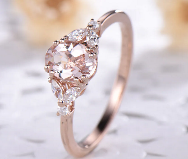 1 CT Oval Cut Pink Morganite Marquise CZ Diamond Rose Gold Over On 925 Sterling Silver Solitaire W/Accents Ring