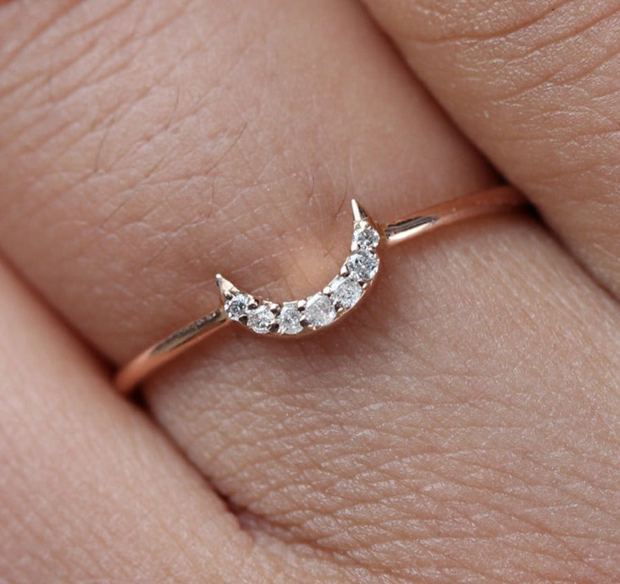 0.05 CT Round Cut Diamond 925 Sterling Silver Women Anniversary Moon Ring