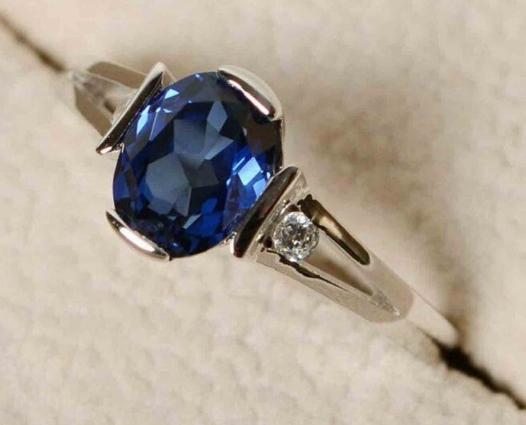 1 CT Oval Cut Blue Sapphire Diamond 925 Sterling Silver Women Engagement Solitaire Ring