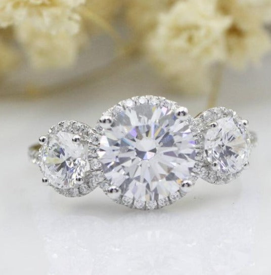 3 CT 925 Sterling Silver 3 Stone Round Cut Diamond Halo Engagement Ring