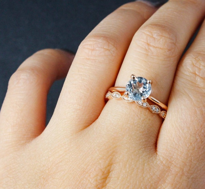 1 CT Round Cut Aquamarine Diamond 925 Sterling Silver Bridal Ring set