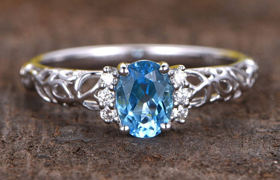 2 CT 925 Sterling Silver Oval Cut Blue Topaz Diamond Wedding Engagement Band Ring
