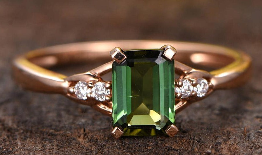 1 CT 925 Sterling Silver Emerald Cut Green Emerald Diamond Engagement Ring
