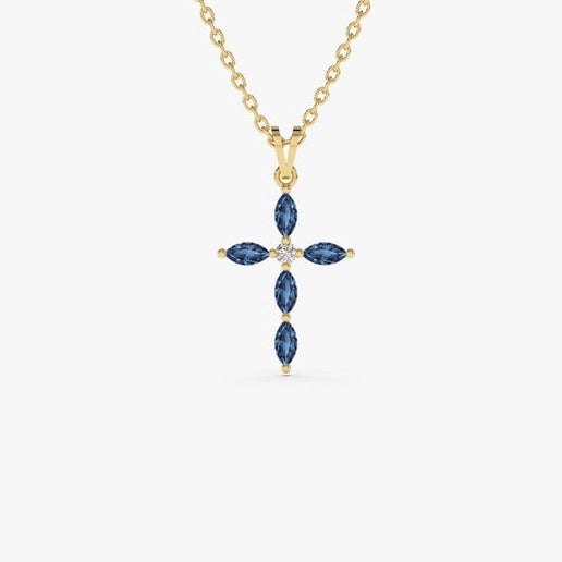 1.50 Ct Marquise Cut Blue Sapphire Cross Pendant In Yellow Gold Over On 925 Sterling Silver