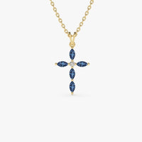 1.50 Ct Marquise Cut Blue Sapphire Cross Pendant In Yellow Gold Over On 925 Sterling Silver