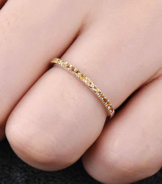 1 CT Yellow Citrine Round Cut 925 Sterling Silver Women Wedding Band Ring Gift For Her