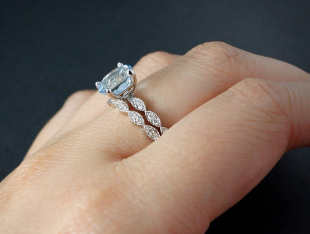 1 CT Oval Cut Blue Aquamarine White Gold Over On 925 Sterling Silver Wedding Ring Set