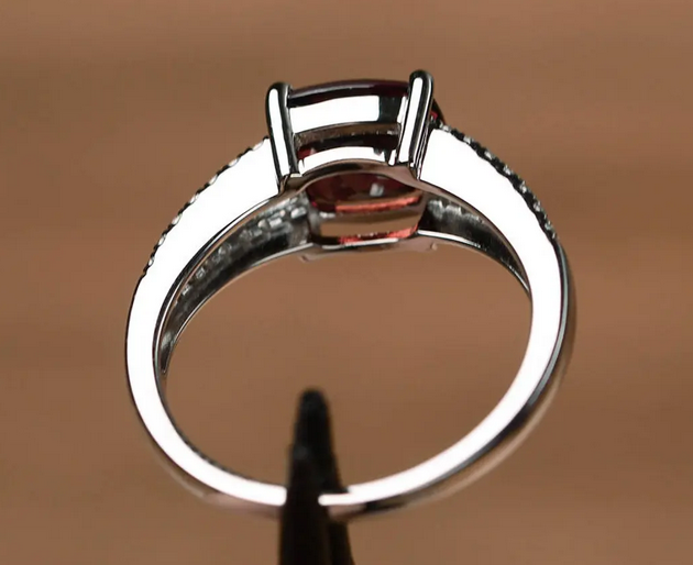 1 CT Cushion Cut Red Garnet White Gold Over On 925 Sterling Silver Solitaire With Accents Ring