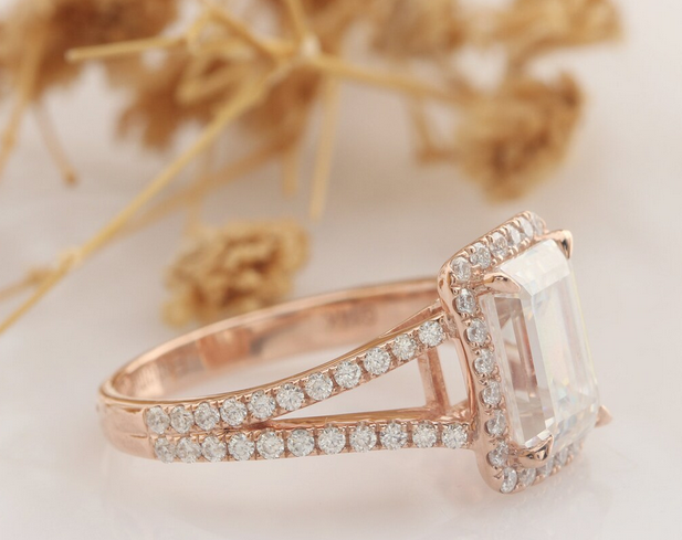 2 CT Emerald Cut Rose Gold Over On 925 Sterling Silver Split Shanks Accents Engagement Ring - atjewels.in