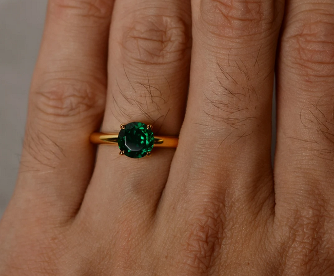 1 CT Round Cut Emerald Yellow Gold Ove On 925 Sterling Silver Solitaire Promise Ring