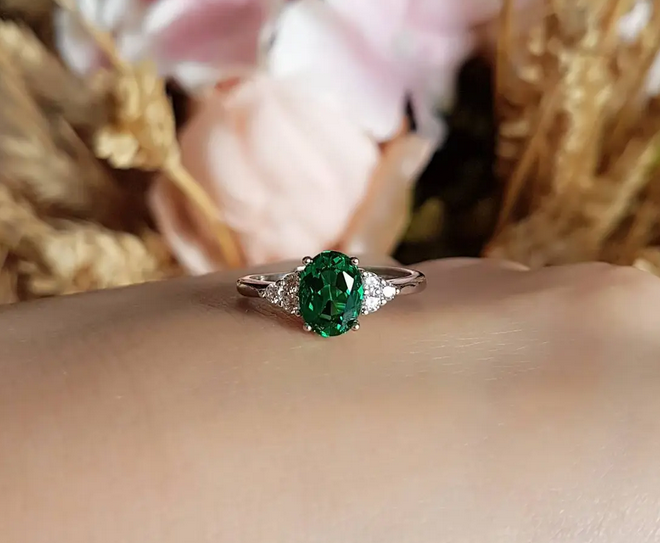 1 CT Oval Emerald White Gold Over On 925 Sterling Silver Solitaire W/Accents Promise Ring