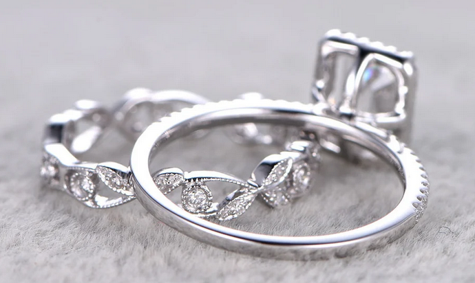 1 CT Emerald Cut Diamond White Gold Over 925 Sterling Silver Halo Engagement Ring Set