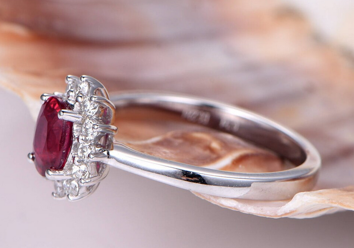 1.42 CT Oval Cut Red Ruby White Gold Over On 925 Sterling Silver Floral Halo Engagement Ring