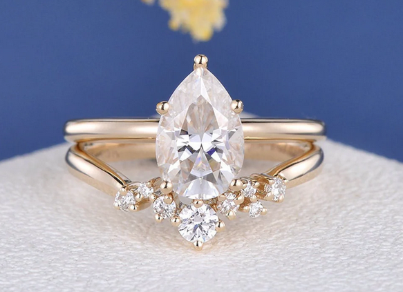 1 CT Pear Cut Yellow Gold Over On 925 Sterling Silver Wedding Bridal Ring Set