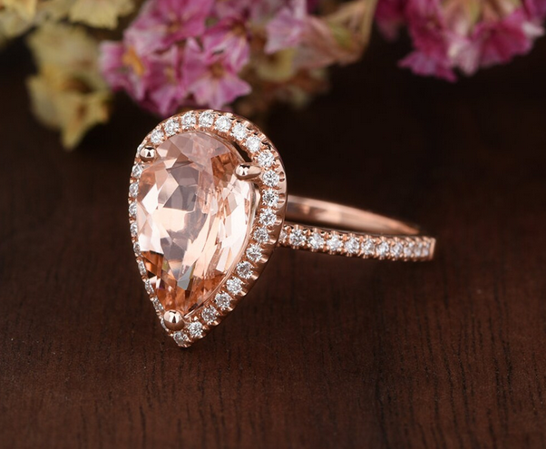 1 CT Pear Cut Morganite Rose Gold Over On 925 Sterling Silver Halo Anniversary Ring
