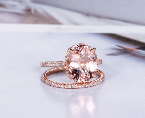 1 CT Oval Cut Morganite Rose Gold Over On 925 Sterling Silver Wedding Bridal Ring Set
