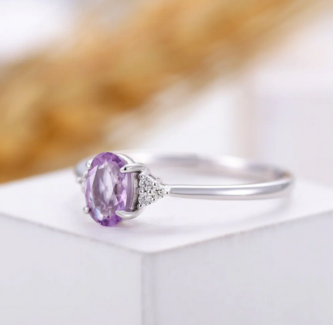 1 CT Oval Cut Amethyst & CZ Diamond White Gold Over On 925 Sterling Silver Solitaire W/Accents Ring