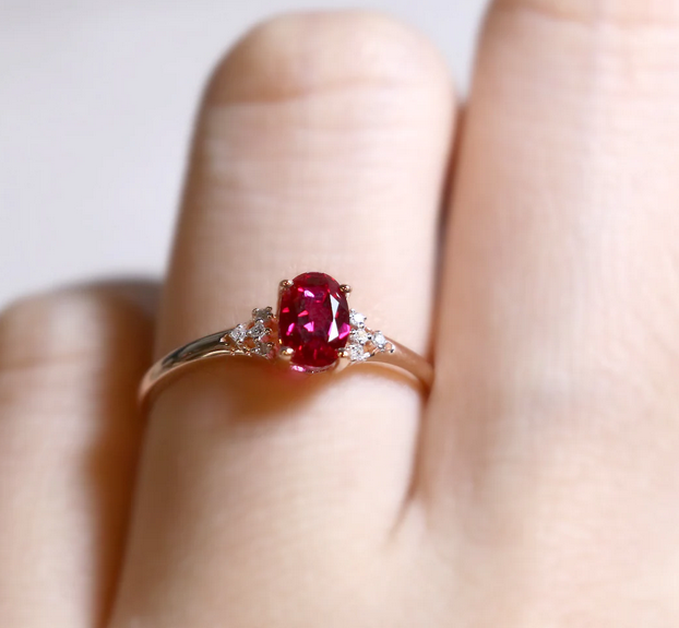 1 CT Oval Cut Red Ruby Rose Gold Over On 925 Sterling Silver Solitaire W/Accents PromiseRing