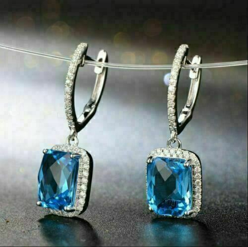 4.00 CT Emerald Cut Blue Topaz Halo Engagement Dangle Earrings In 925 Sterling Silver