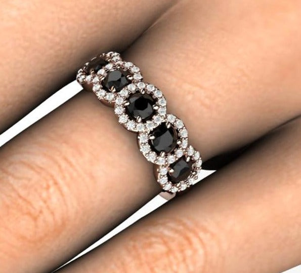 2 CT Round Cut Black Cubic Zirconia Diamond 925 Sterling Silver Unique Engagement Halo Band Ring