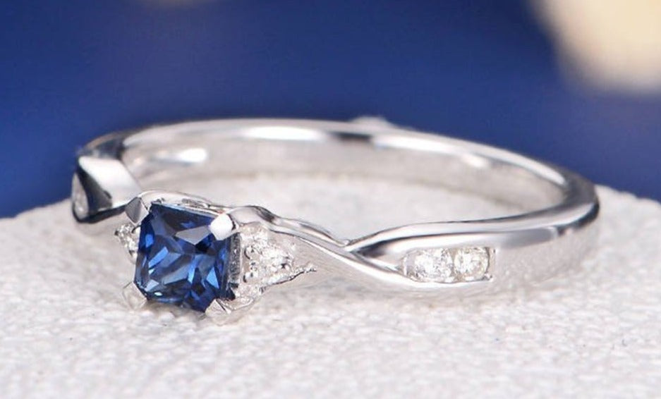 0.75 CT Princess Cut Blue Sapphire Diamond 925 Sterling Silver Women Engagement Ring