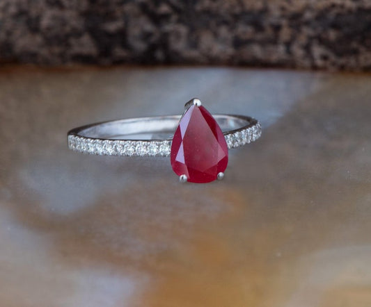 1 CT Sterling Silver Red Ruby Pear Cut Diamond Women Anniversary Promised Ring