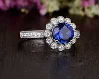 1 CT Round Cut Blue Sapphire Diamond 925 Sterling Silver Halo Flower Engagement Ring