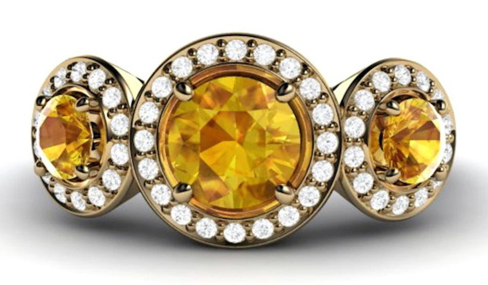2 CT Round Cut Yellow Citrine  3 Stone Diamond Yellow Gold Over 925 Sterling Sliver Women Anniversary Halo Ring
