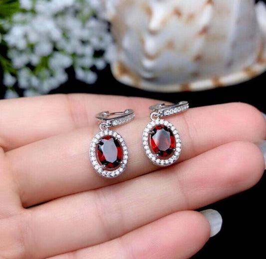 3.50 Ct Oval Cut Red Garnet & White CZ Dangle Earrings White Gold Finish On 925 Sterling Silver