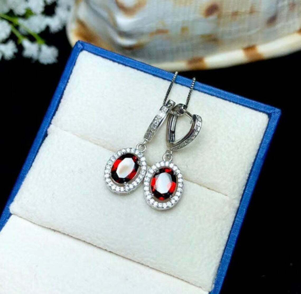 3.50 Ct Oval Cut Red Garnet & White CZ Dangle Earrings White Gold Finish On 925 Sterling Silver
