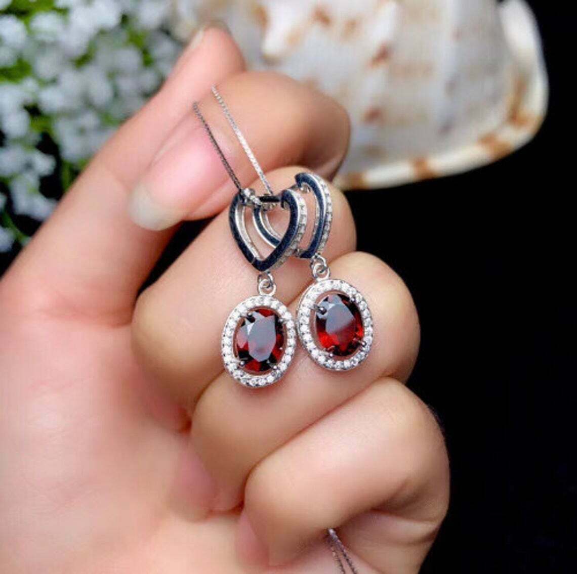 3.50 Ct Oval Cut Red Garnet & White CZ Dangle Earrings White Gold Finish On 925 Sterling Silver
