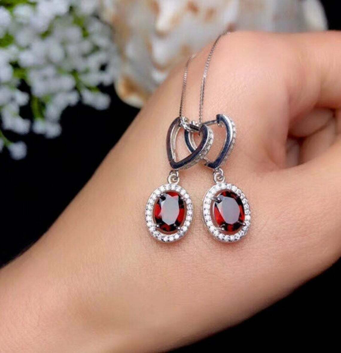 3.50 Ct Oval Cut Red Garnet & White CZ Dangle Earrings White Gold Finish On 925 Sterling Silver