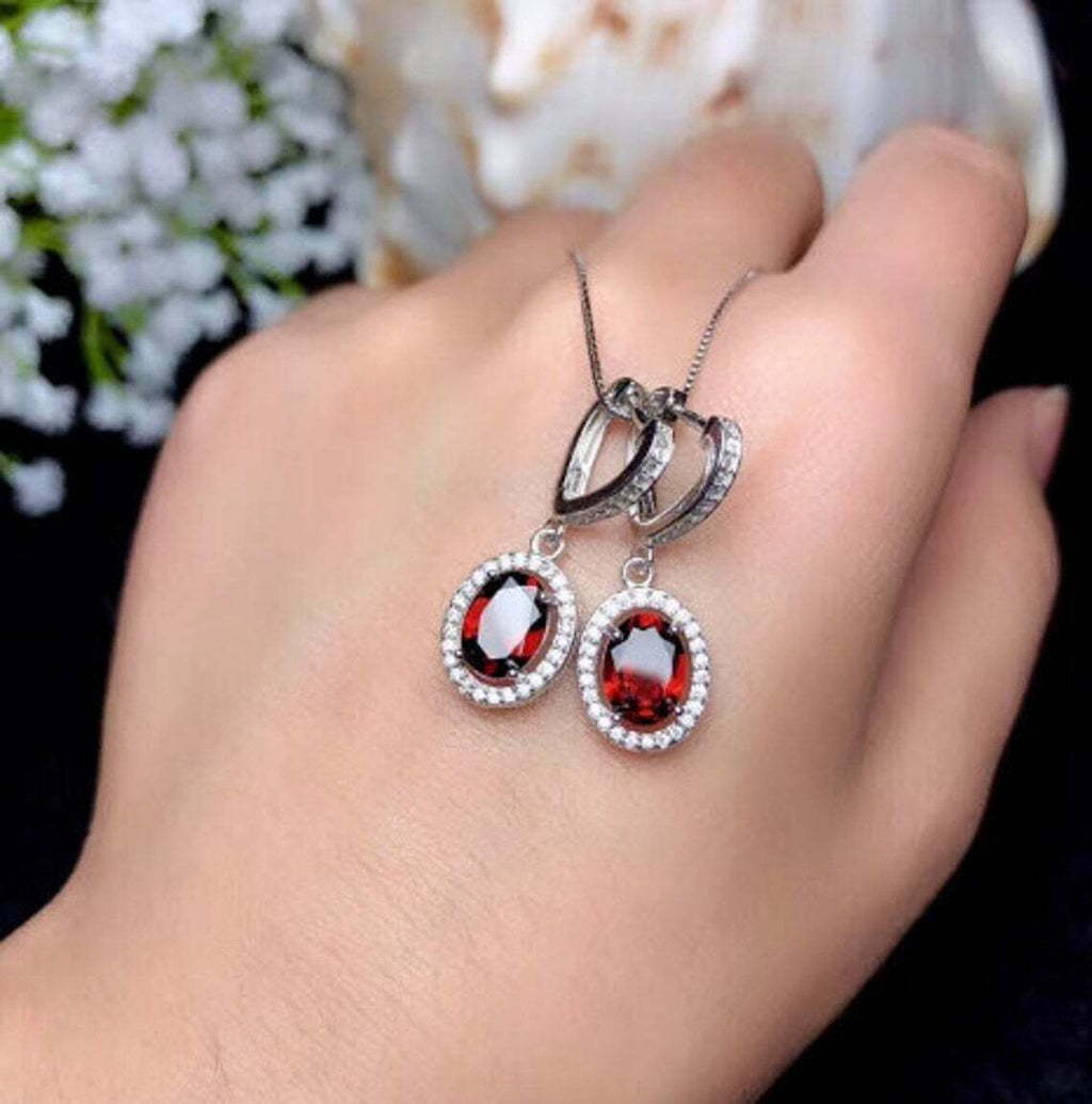 3.50 Ct Oval Cut Red Garnet & White CZ Dangle Earrings White Gold Finish On 925 Sterling Silver